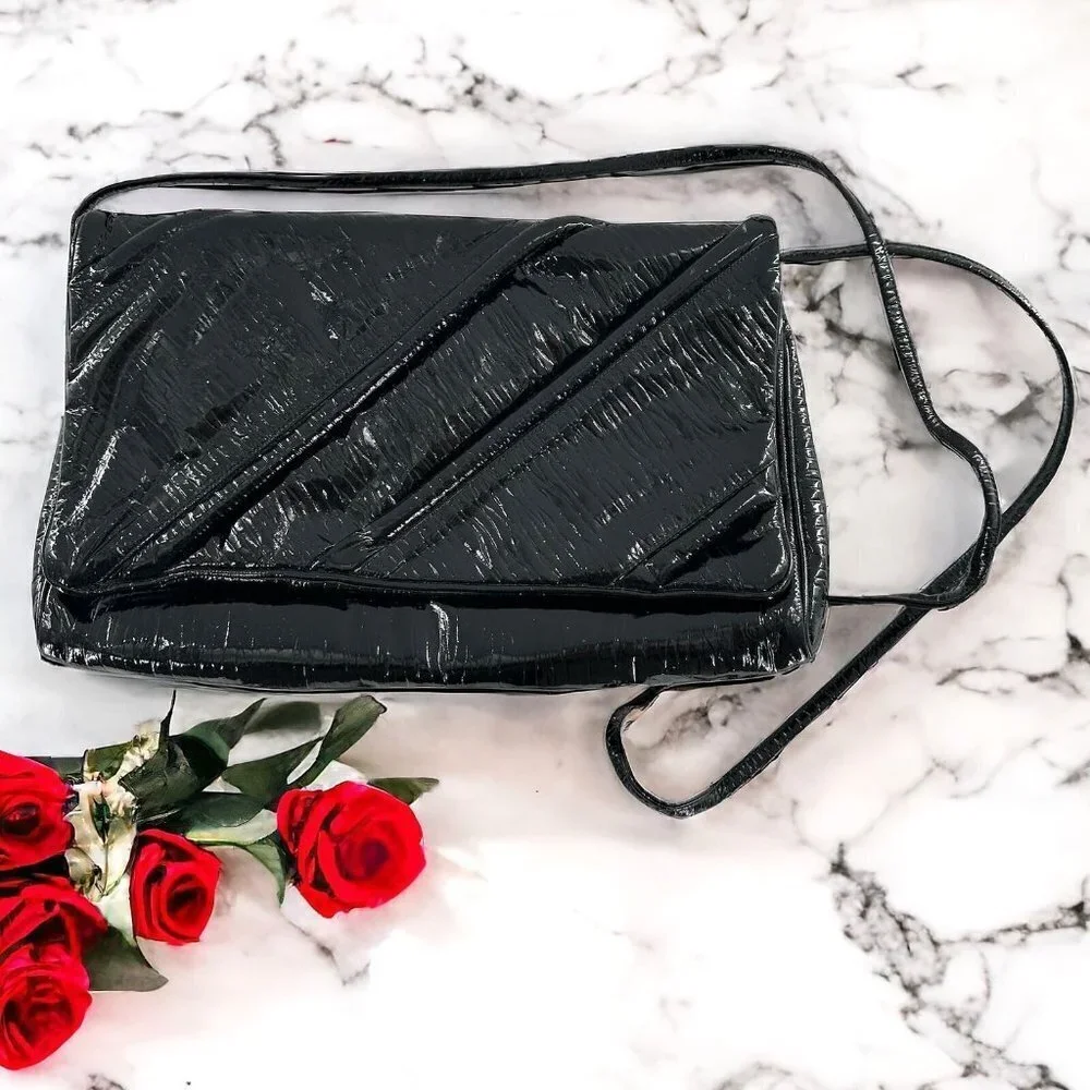 Vtg 80's Robert Bestian Black Patent Faux Leather Clutch Handbag Shoulder Bag